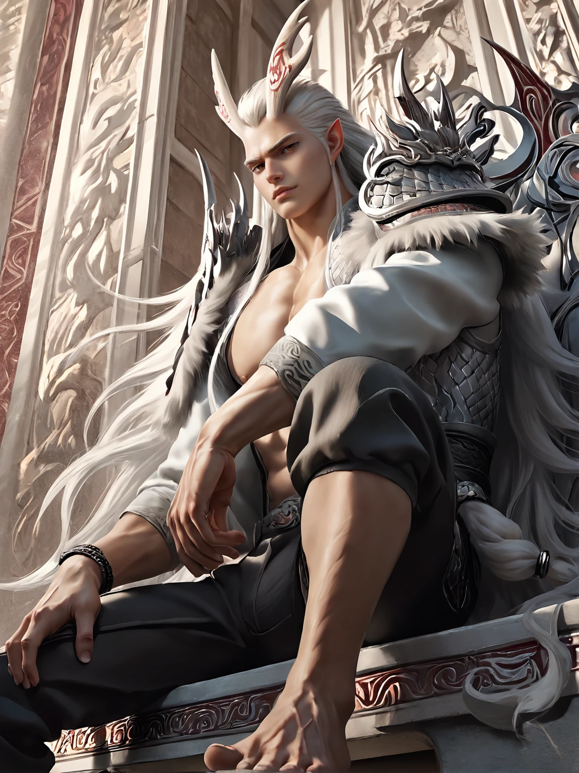 (zPDXL3),male focus,handsome,1man,aoguang,red eyes,long white hair,sidelocks,horns,pointy ears,completely nude,muscular,briefs,barefoot,sitting,on the throne,palace,(from below:1.2),dragon tattoo,eastern dragon,dargon pattern,,