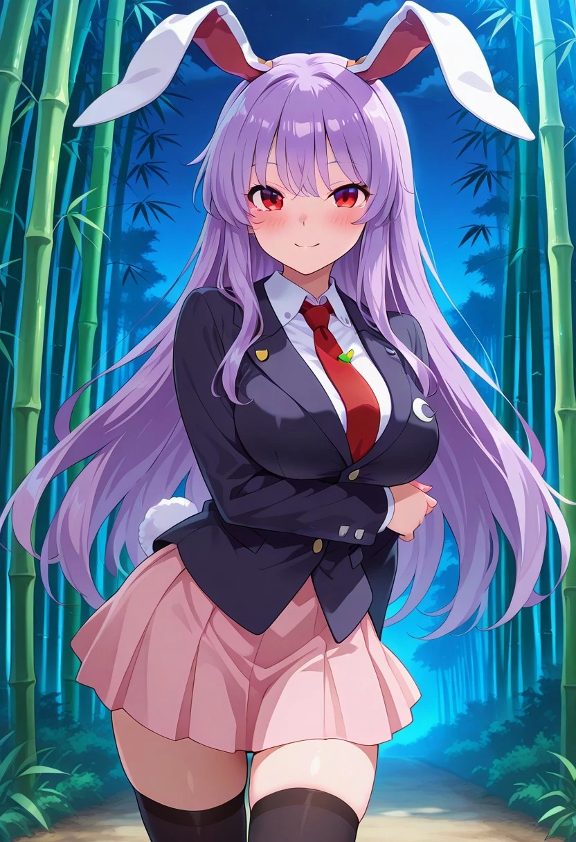 fusu style, ((bamboo forest)), ((night time)), ((blush)), ((looking at viewer)), ((standing)), ((posing)), (1girl), ((solo)), ((large breasts)), rabbit tail, ((reisen udongein inaba)), smile, purple hair, long hair, rabbit ears, red eyes, black vest, long sleeves, white shirt, red necktie, pink skirt, loose socks, blazer, ((black thighhighs))