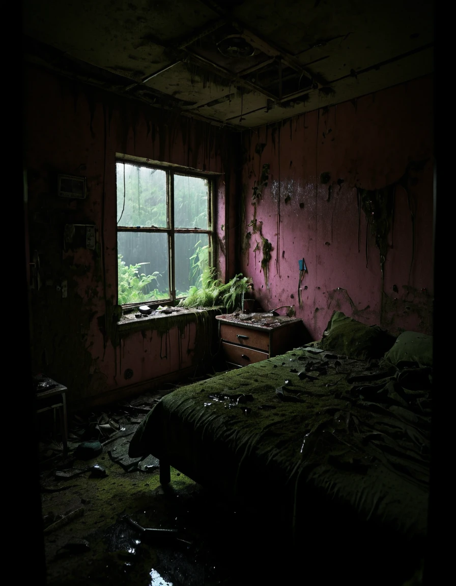 <lora:City_Worlds_02__Lost_-_Home:1> cw02lost. abandoned appartment, abandoned bedroom, from side, wet, vegetation, windows