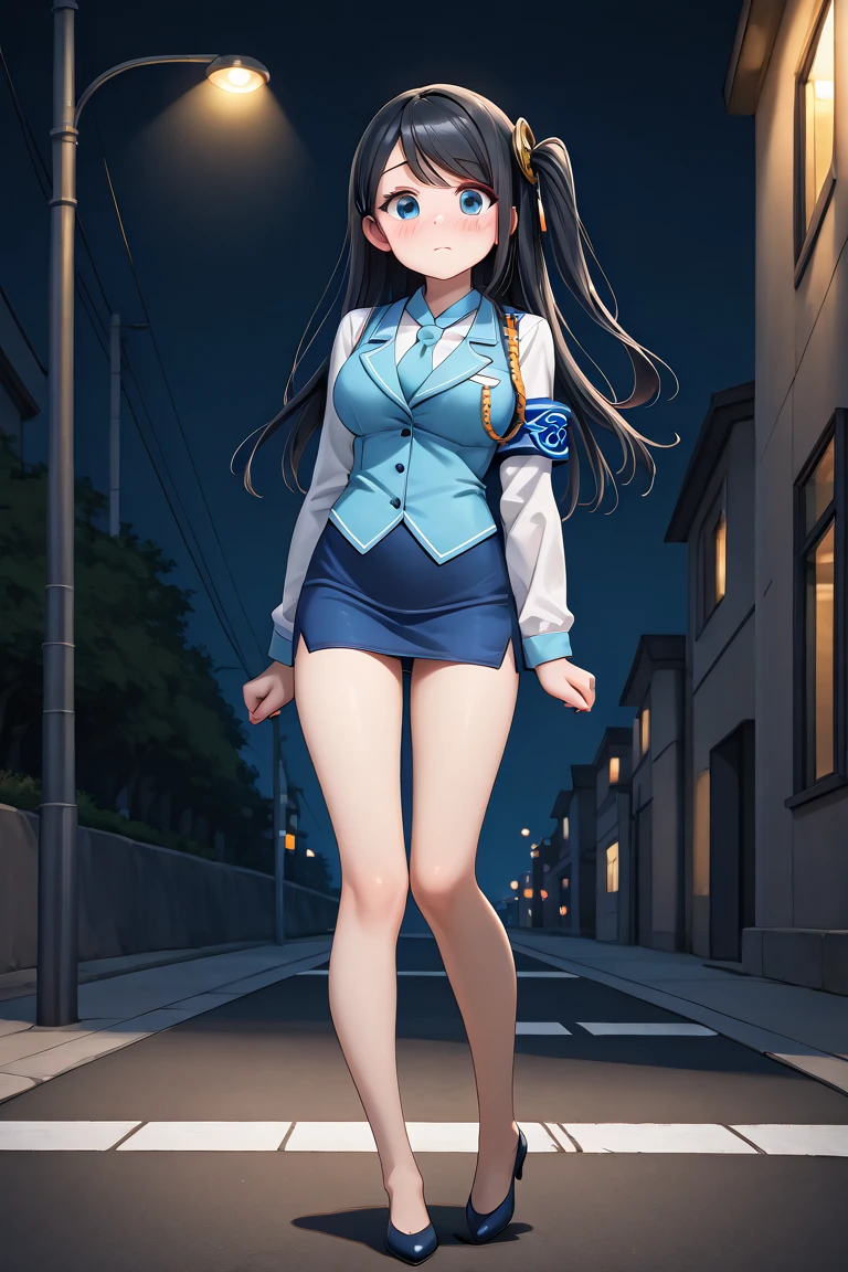 <lora:KRTGirlsXiaoQiong:1>, 1girl, solo, full shot, long hair, black hair, one side up, blue eyes, medium breasts, swept bangs, long sleeves, pencil skirt, armband, blue vest, uniform, blue skirt, hair ornament, white shirt, collared shirt, miniskirt, high heels, bare legs, necktie, thighs, dark road, outside, embarrassed, slight excitement, street light, night, dark, blush, looking at viewer
