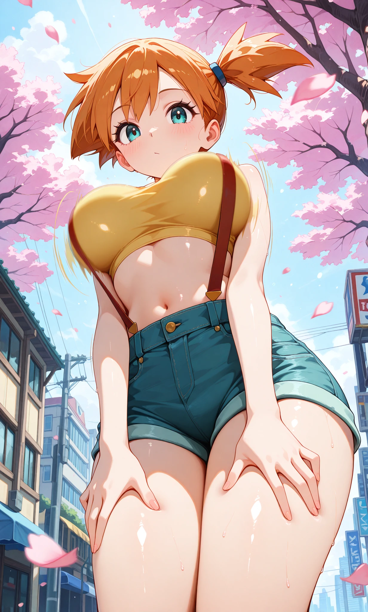 beautiful detailed eyes, masterpiece, best quality, intricate details, absurdres, 1girl, solo, street, outdoors, cherry blossoms, cowboy shot, looking at viewer, shiny skin, misty (pokemon), orange hair, side ponytail, short hair, aqua eyes, yellow tank top, crop top, midriff, suspenders, suspenders shorts, denim shorts, red sneakers, from below
