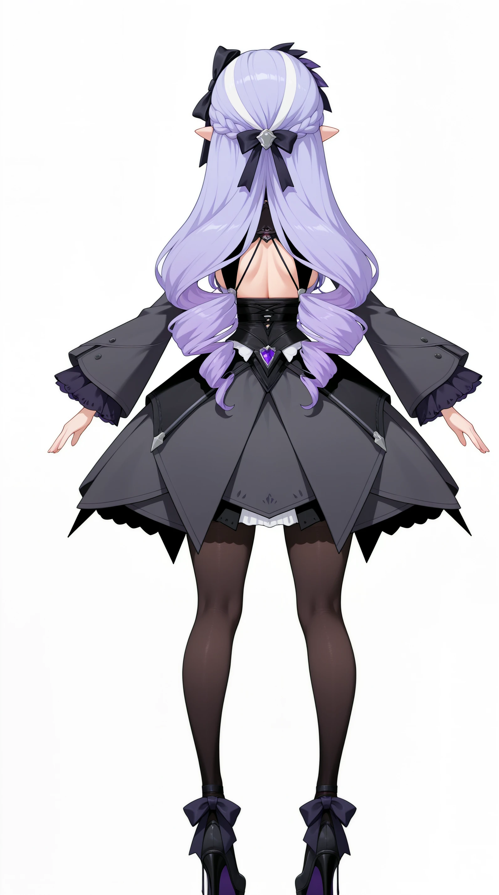 masterpiece, best quality, simple background, white background, amazing quality, very aesthetic, absurdres, best quality, 4k, upscale, Vivian_zzz, 1girl, long hair, black pantyhose, black dress, drill hair, purple hair, full body, long sleeves, multicolored hair, high heels, back, pointy ears, french braid, from behind, streaked hair, facing away, black bow, hair bow, ribbon <lora:Vivian_ZZZILLUS:1>