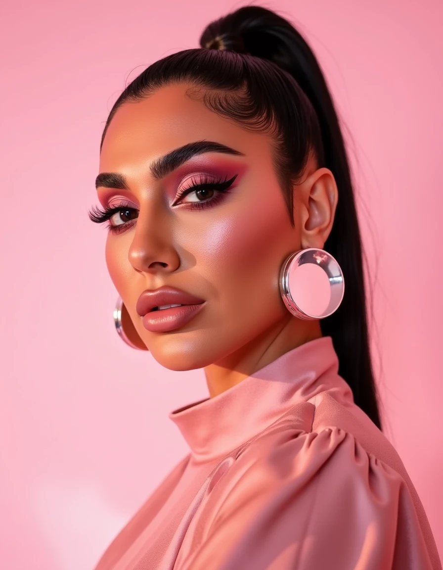 The reflective surfaces of her earrings and outfit create a dynamic interplay with the environment, emphasizing her sleek presence. The minimalist background allows the viewer to focus on her eye-catching fashion and makeup. Captured with a Sony A7R IV camera and a 50mm f/1.2 G Master lens for a beauty editorial shoot, this composition highlights her fashion-forward aesthetic. Inspired by avant-garde fashion photography from Sølve Sundsbø, this image blends contemporary fashion and minimalist elegance, embodying mythp0rt and niji_flux styles for a sleek, high-fashion vision. ((portrait)). Pale pink background.