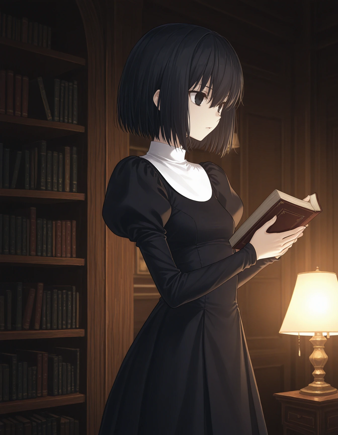 1girl, solo, kuonji alice, black hair, short hair, hair between eyes, black eyes, Alice_Uniform, black dress, long sleeves, juliet sleeves, habit, looking away, from side, cowboy shot, holding book, bookshelf, indoors, lamp, (gothic architecture:0.3), dark theme, low light <lora:kuonji_alice_ilxl_v2:0.8>