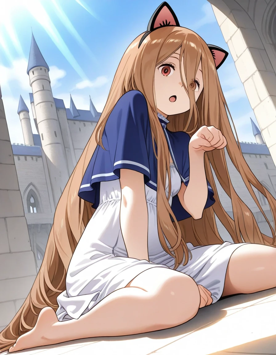 a girl on the floor, paw pose, fake cat ears, open mouth, sense \(sousou no frieren\), castle, sunlight, dutch angle, wariza,
<lora:inoue_kiyoshirou_style_illustrious_v1_t1:1> very long hair, hair between eyes, light brown hair ,blue capelet, white dress, brown eyes