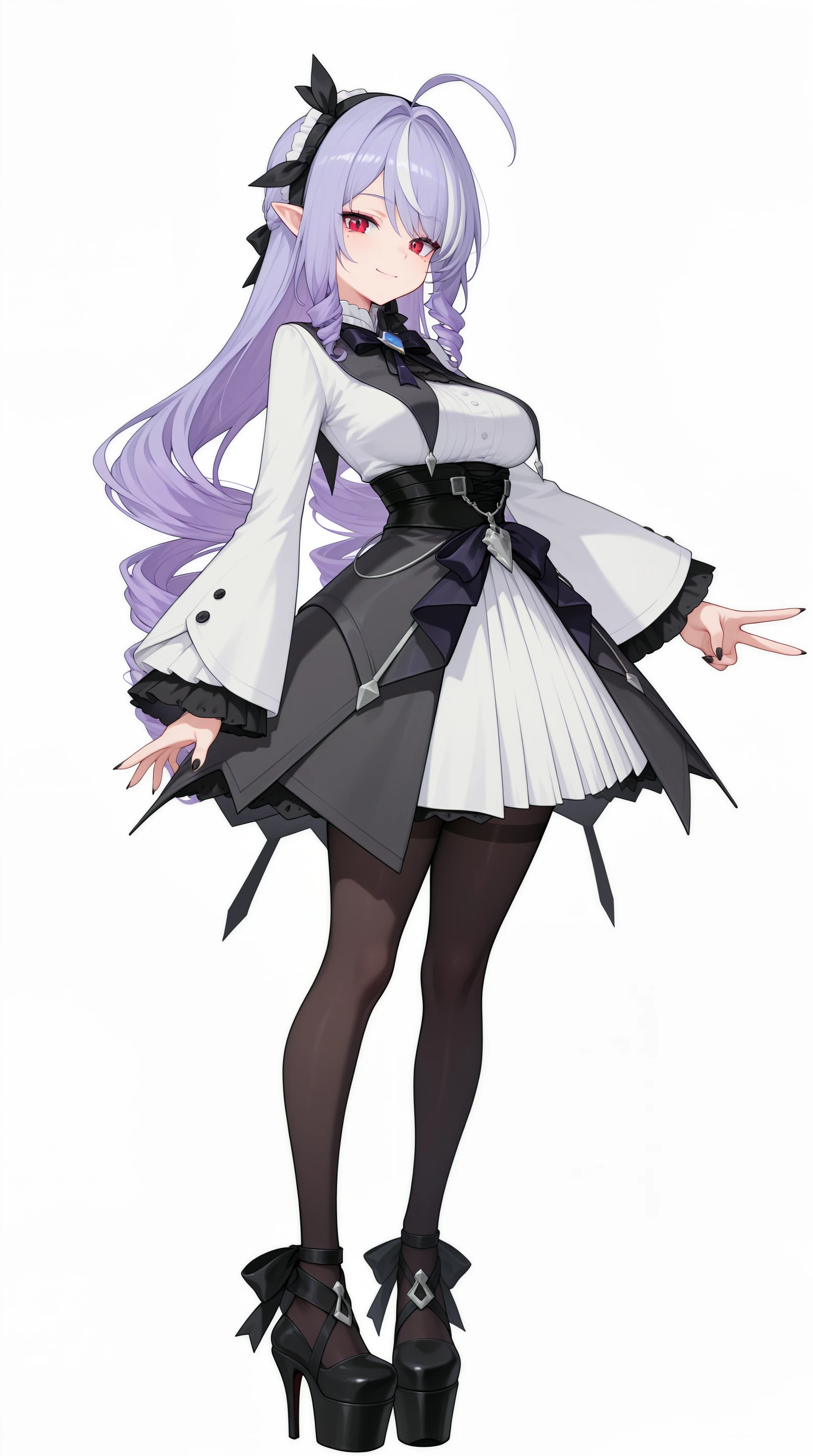 masterpiece, best quality, simple background, white background, amazing quality, very aesthetic, absurdres, best quality, 4k, upscale, Vivian_zzz, 1girl, long hair, smile, mole under eye, purple hair, multicolored hair, streaked hair, ahoge, medium breasts, red eyes, slit pupils, pointy ears, drill hair, black nails, white dress, long sleeves, bow, hairband,black pantyhose, v, looking at viewer, platform footwear, high heels, black footwear, full body, <lora:Vivian_ZZZILLUS:1>