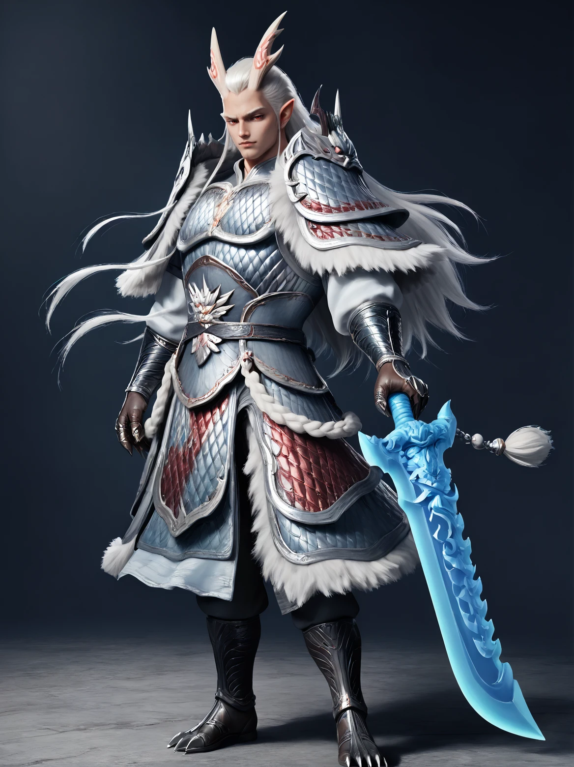 3d,(zPDXL3),male focus,handsome,1man,red eyes,long white hair,sidelocks,horns,pointy ears,armor,fur trim,gauntlets,metal claws,greaves,metal foot claws,full body,blue sword,