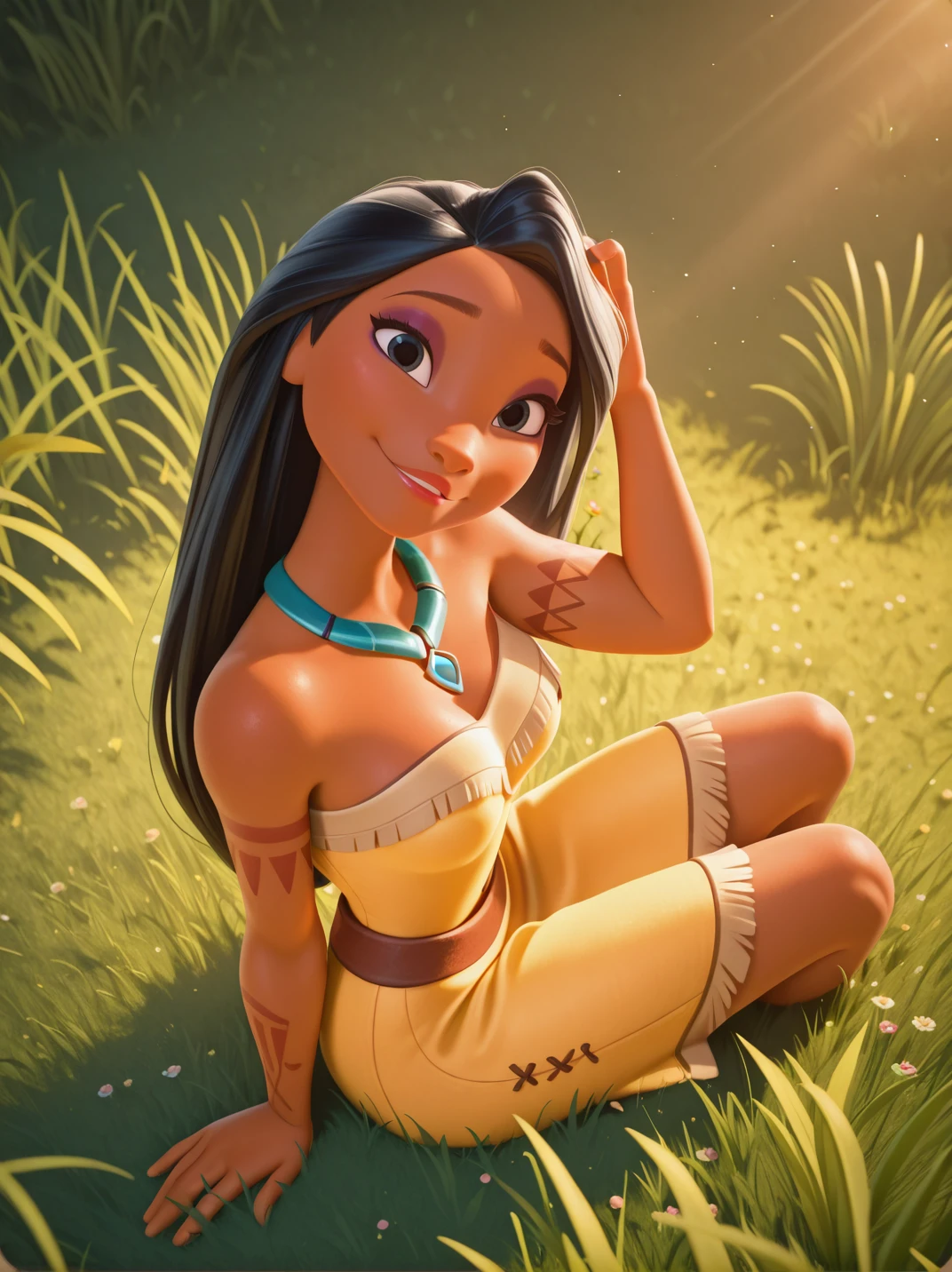 highres, hi res, best quality, masterpiece, cute,
1girl, medium breasts, (PocahontasXL:1.1), long hair, black hair, black eyes, makeup, dark skin, yellow dress, bare shoulders, arm tattoo, necklace, jewelry,,makeup, parted lips,
light smile, dutch angle, naughty pose, happy, , looking at viewer, grass, flowers around, sunlight, daylight, portrait, dynamic pose, full body, sitting, on grass, one hand on hair, head tilt, light particles, from above, knees up, vegetation, from side,
<lora:Pocahontas-IL-000017:0.75> <lora:DisneyStudios_style-12IL:1>, DisneyStudioXL,,, cartoon, cinematic,,3d,