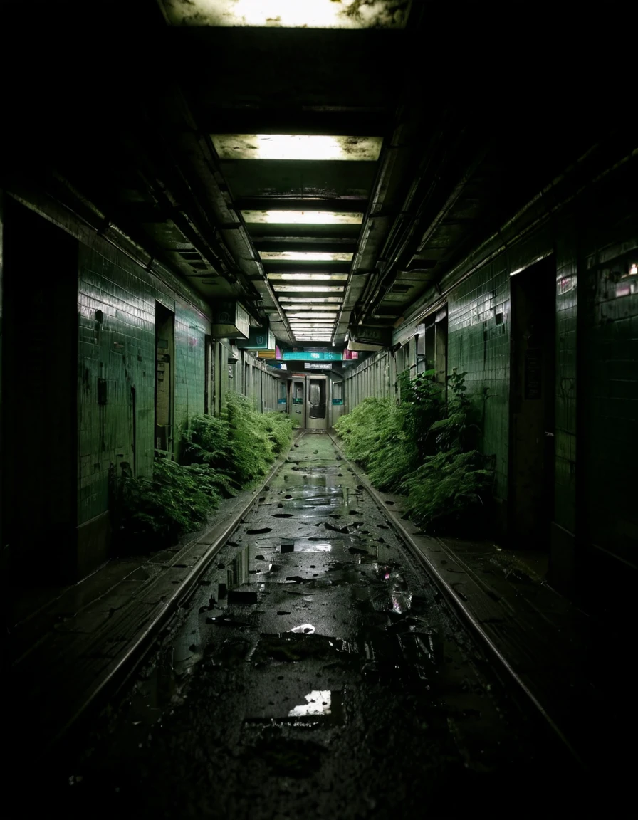 <lora:City_Worlds_02__Lost_-_City_3:1> cw02lost, cw02lost. abandonned subway, hall, vegetation, wet,