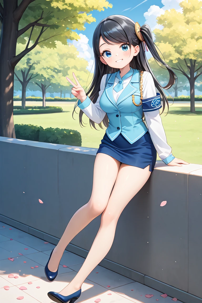<lora:KRTGirlsXiaoQiong:1>, 1girl, solo, full shot, long hair, black hair, one side up, blue eyes, medium breasts, swept bangs, long sleeves, pencil skirt, armband, blue vest, uniform, blue skirt, hair ornament, white shirt, collared shirt, miniskirt, high heels, bare legs, necktie, thighs, sunlight, outside, smile, happy, park, daytime, V, looking at viewer, cloud, flower petal, tree, cherry blossom