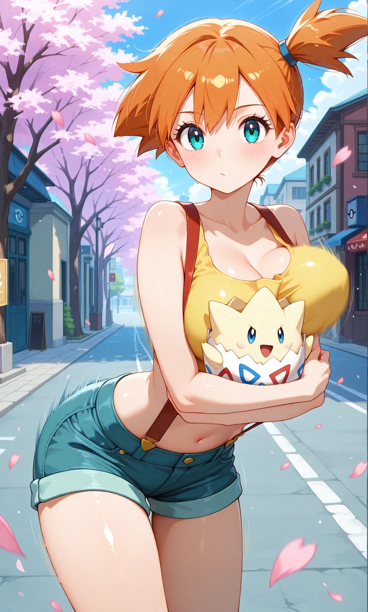 Vivid colors,Brown Hair,Big collar、A garment with an open chest design,Exposed breasts,Pants with no fabric in the crotch area,Exposed pussy,（beige skin,Beige breasts,Beige thighs,Pink nipples,）Light blue eyes,A picture of a woman holding a monster ball, Pokemon Misty, Gainax Anime Style, Also, Masamune Shirow, Inspired by Rei Kamoi, inspired by Un'ichi Hiratsuka, Singey, Cool pose, dramatic Grin pose, Female protagonist 👀 :8, Grin, rei hiroe