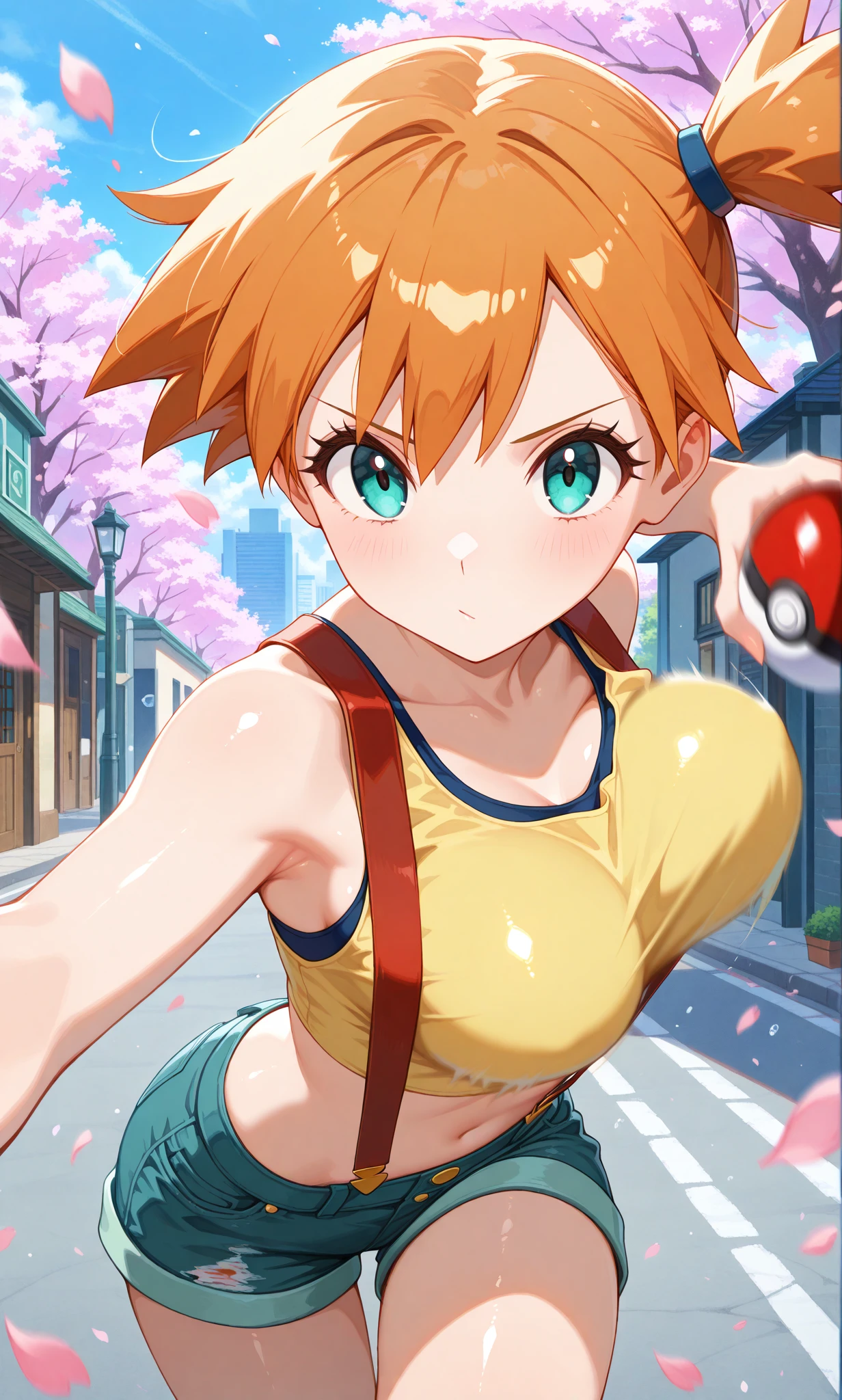 beautiful detailed eyes, masterpiece, best quality, intricate details, absurdres, 1girl, solo, street, outdoors, cherry blossoms, cowboy shot, looking at viewer, shiny skin, holding poke ball, misty (pokemon), orange hair, side ponytail, short hair, aqua eyes, yellow tank top, crop top, midriff, suspenders, suspenders shorts, denim shorts, red sneakers