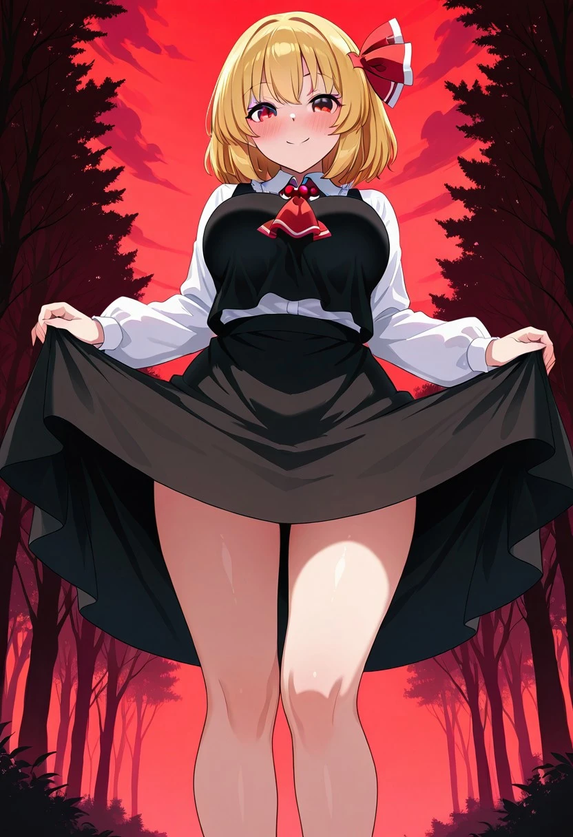 fusu style, ((forest)), ((night time)), ((red sky)), ((blush)), ((looking at viewer)), ((standing)), ((posing)), (1girl), ((solo)), ((large breasts)), ((rumia)), smile, blonde hair, red eyes, hair ribbon, black vest, white shirt, long sleeves, black skirt, red ascot, legs