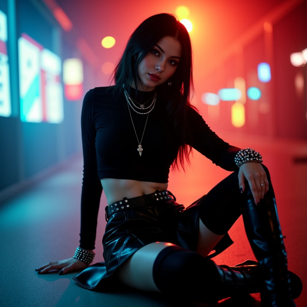 mggs2, ultra realistic, ultra detailed image, ultra quality,  <lora:Metal__Gothic_Girls__better_and_improved:1> mggs2, cinematic, ((full body shot)) ((gothic style)),  a beautiful  gothic sensual woman wearing a gothic outfit, looking at the camera in a sensual way, slight smirk, spiked bracelets, silver necklace, wearing black leather gothic boots,photographed with a Ricoh KR-10 on Kodak Ektar 100 for bold and clean colors. A straight-on shot captures her and the quirky, colorful atmosphere surrounding her. Photorealistic, analog polaroid style, soft lighting, subsurface scattering, realistic, heavy shadows, masterpiece, best quality, ultra realistic, 8k, golden ratio, Intricate, High Detail, film photography, soft focus, Photorealistic, Hyperrealistic, Hyperdetailed, analog style, soft lighting, subsurface scattering, realistic, heavy shadow, masterpiece, best quality, ultra realistic, 8k, golden ratio, Intricate, High Detail, film photography, soft focus, RAW candid cinema, 16mm, color graded portra 400 film, remarkable color, ultra realistic, textured skin, remarkable detailed pupils, realistic dull skin noise, visible skin detail, skin fuzz, dry skin, shot with cinematic camera