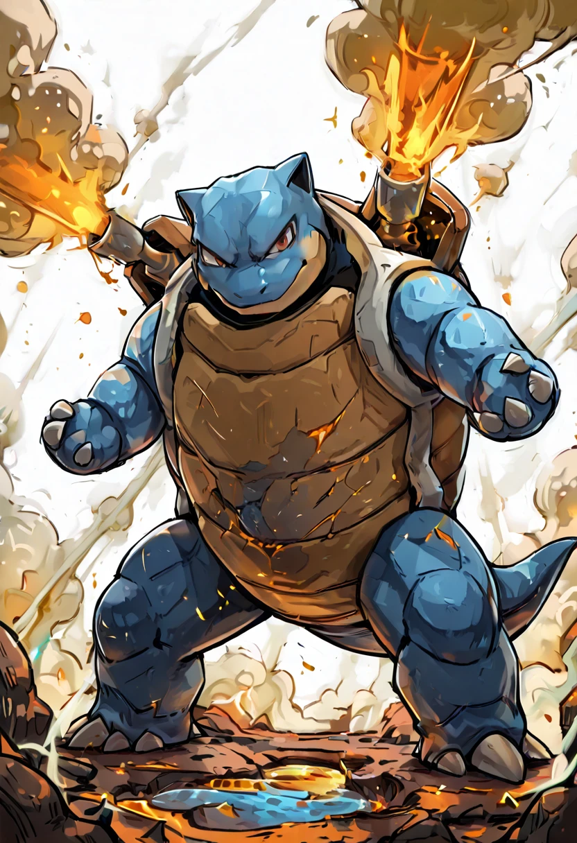masterpiece, best quality, no humans, ,<lora:BlastoisePokedexIXL:1.0>, zzBlastoise, simple background, white background, brown eyes, closed mouth, standing, full body, fire, claws, smoke, rock, molten rock ,<lora:EnergyCAT_IXL_v3:0.7>,