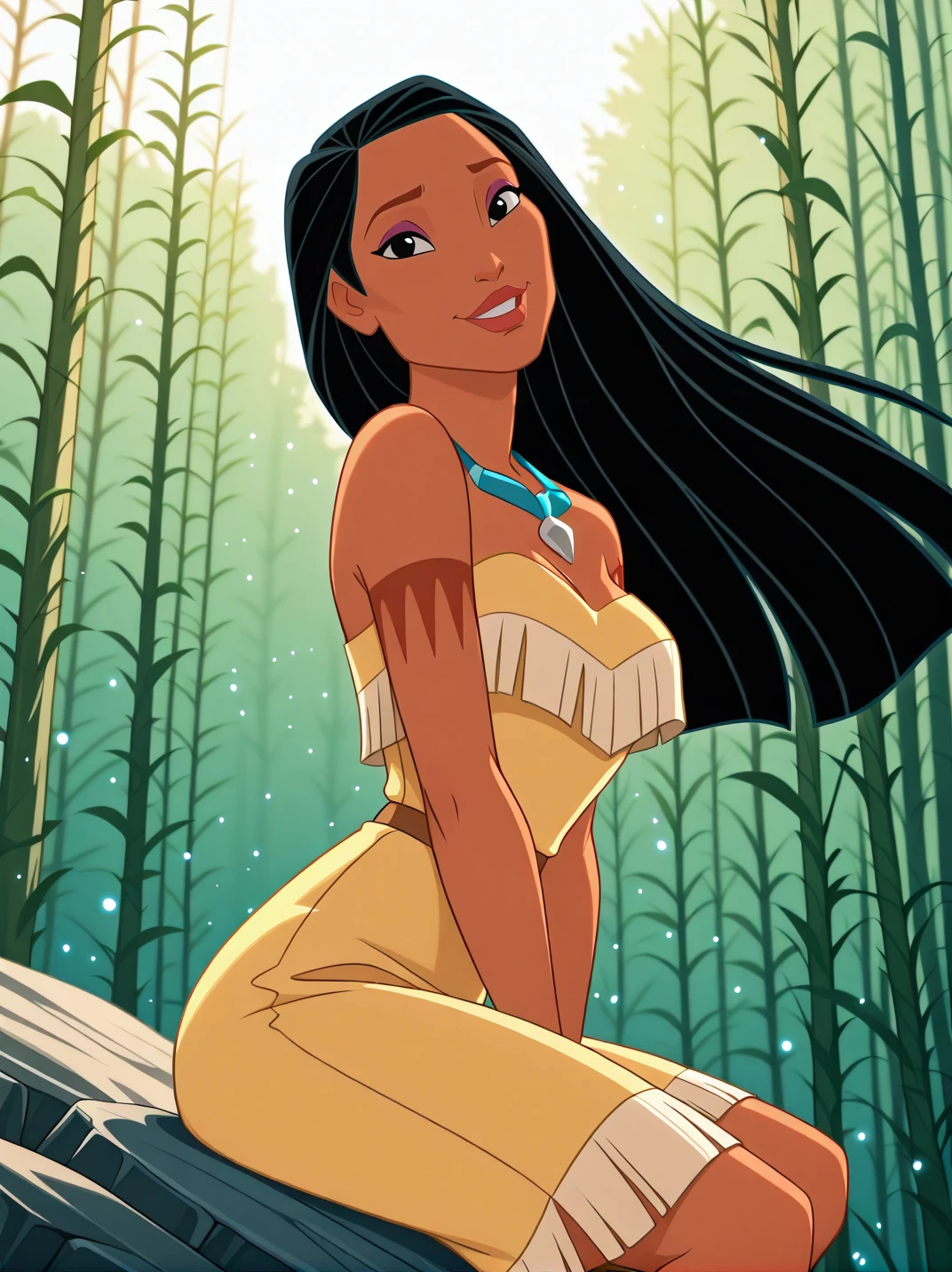 (official style:1.1), screencap, blurry background
1girl, medium breasts, (PocahontasXL:1.1), long hair, black hair, black eyes, makeup, dark skin, yellow dress, bare shoulders, arm tattoo, necklace, jewelry,,makeup, parted lips,
light smile, dutch angle, naughty pose, happy, looking at viewer, green forest, sunlight, light particles, daylight, (portrait:1.1), dynamic pose, cowboy shot, head tilt, light particles, floating hair, sitting on rock, from side,,
<lora:Pocahontas-IL-000017:1>