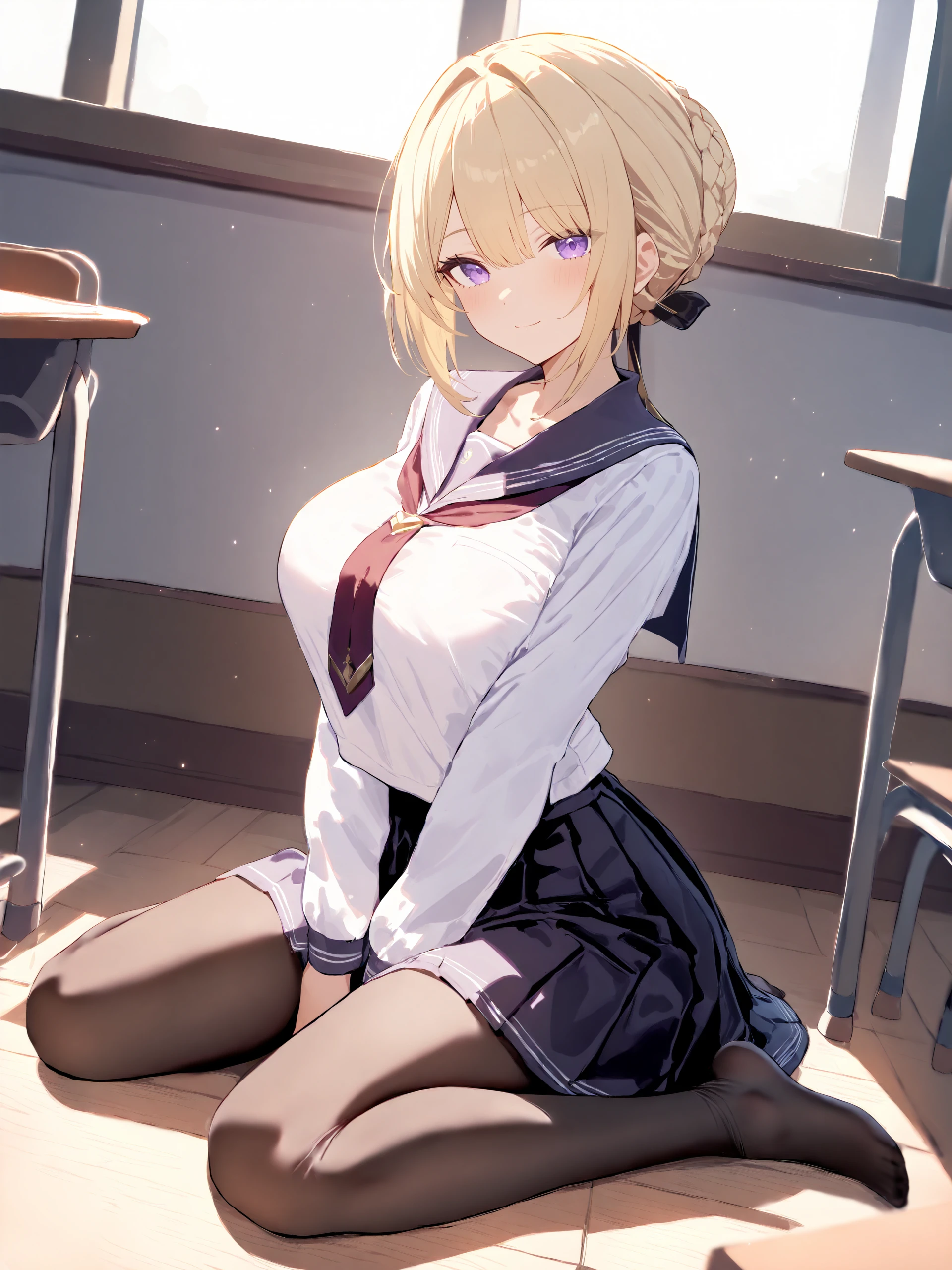 masterpiece, high score, great score, absurdres, blonde hair, purple eyes, <lora:Char-ZZZ-Evelyn-V1-XL:1:hr=0.6>, 1girl, solo, evelyn chevalier, braided bun, hair up, serafuku, sailor collar, pleated skirt, pantyhose, no shoes, looking at viewer, light smile, full body, sitting, wariza, classroom, indoors, depth of field