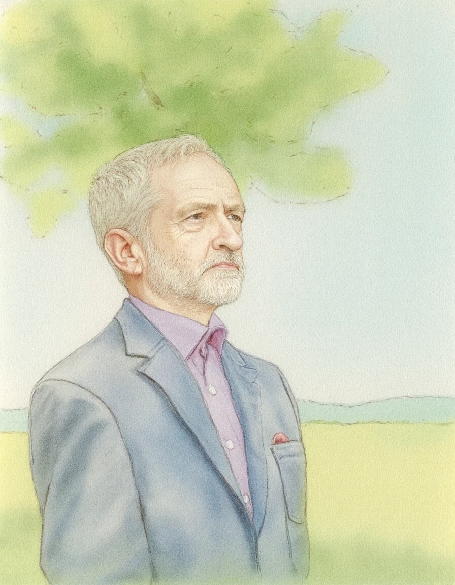 j3r3myc0r8yn a man depicted in a watercolor painting, sitting beneath a tree in a peaceful meadow. The colors softly blend together, giving the scene a gentle, dreamlike quality. Loose brushstrokes emphasize the fluidity of the medium. <lora:Jeremy-Corbyn_F1D_v01e10:1.0>âââ