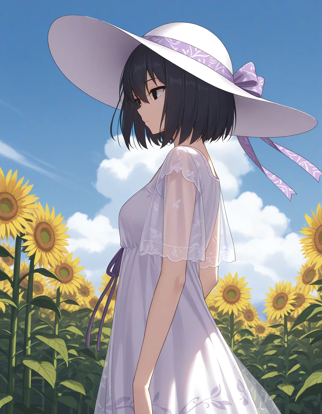 1girl, solo, kuonji alice, black hair, short hair, hair between eyes, black eyes, Alice_Asc2, sundress, see-through sleeves, short sleeves, white hat, hat ribbon, purple ribbon, looking away, from side, outdoors, blue sky, sunflowers, cloud <lora:kuonji_alice_ilxl_v2:0.8>