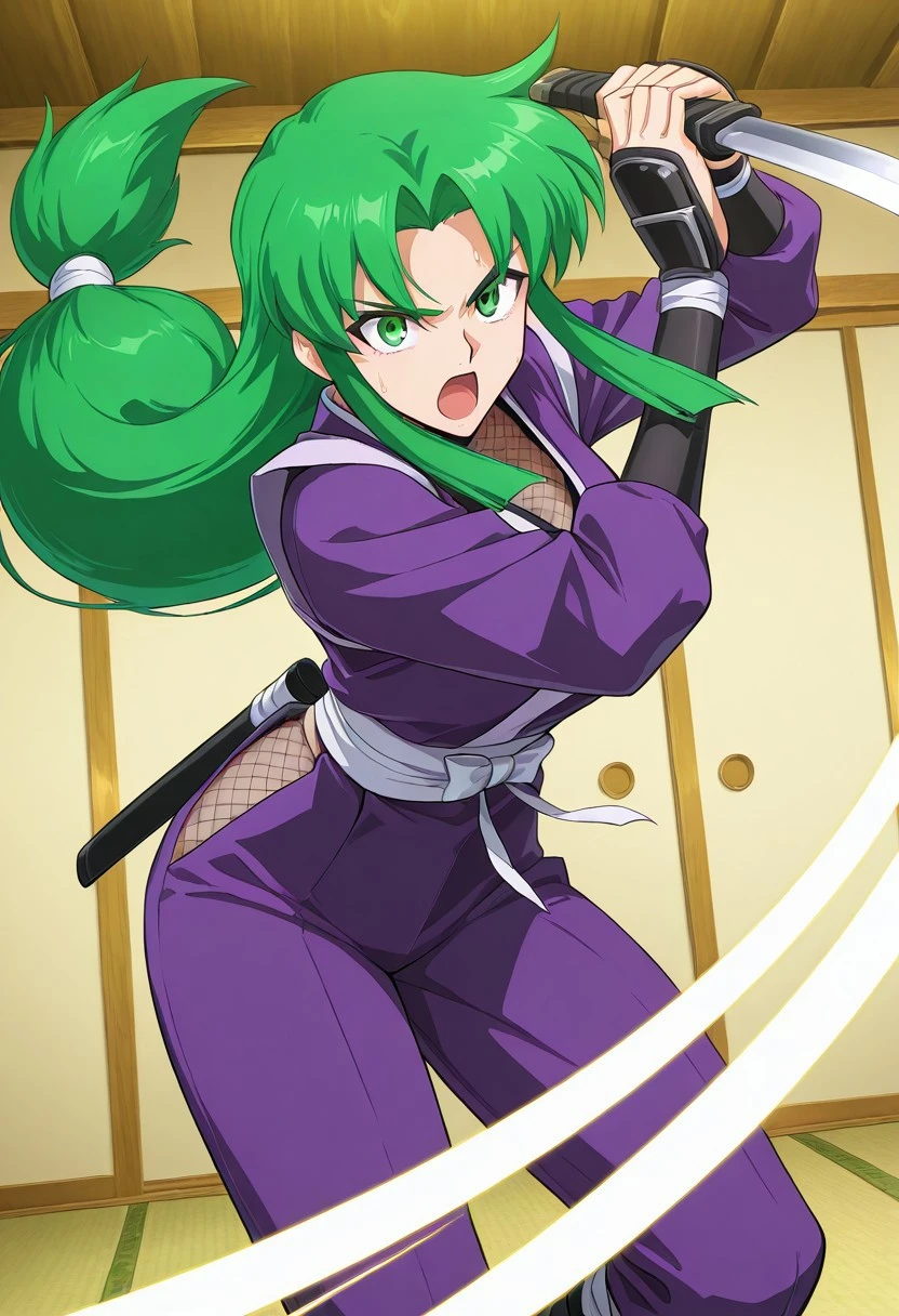 score_9,score_8_up,score_7_up,source_anime,5_figner,2d_animation,game cg,BREAK,1girl,solo,
Yae,green eyes,green hair,low-tied long hair,parted bangs,very long hair,sidelocks.japanese clothes,purple kimono,ninja,fishnets,long sleeves,long sleeves,pants,
breast,cowboy short,reverse grip,short sword,openmouth,
slashing,
japanese room,fusuma,
masterpiece,best qualit,ultra-detailed,illustration,an extremely delicate and beautiful,beautiful detailed eyes,unity 8k wallpaper,high resolution,anime CG,official_art,Erotic_style,anime_coloring, anime_screencap,