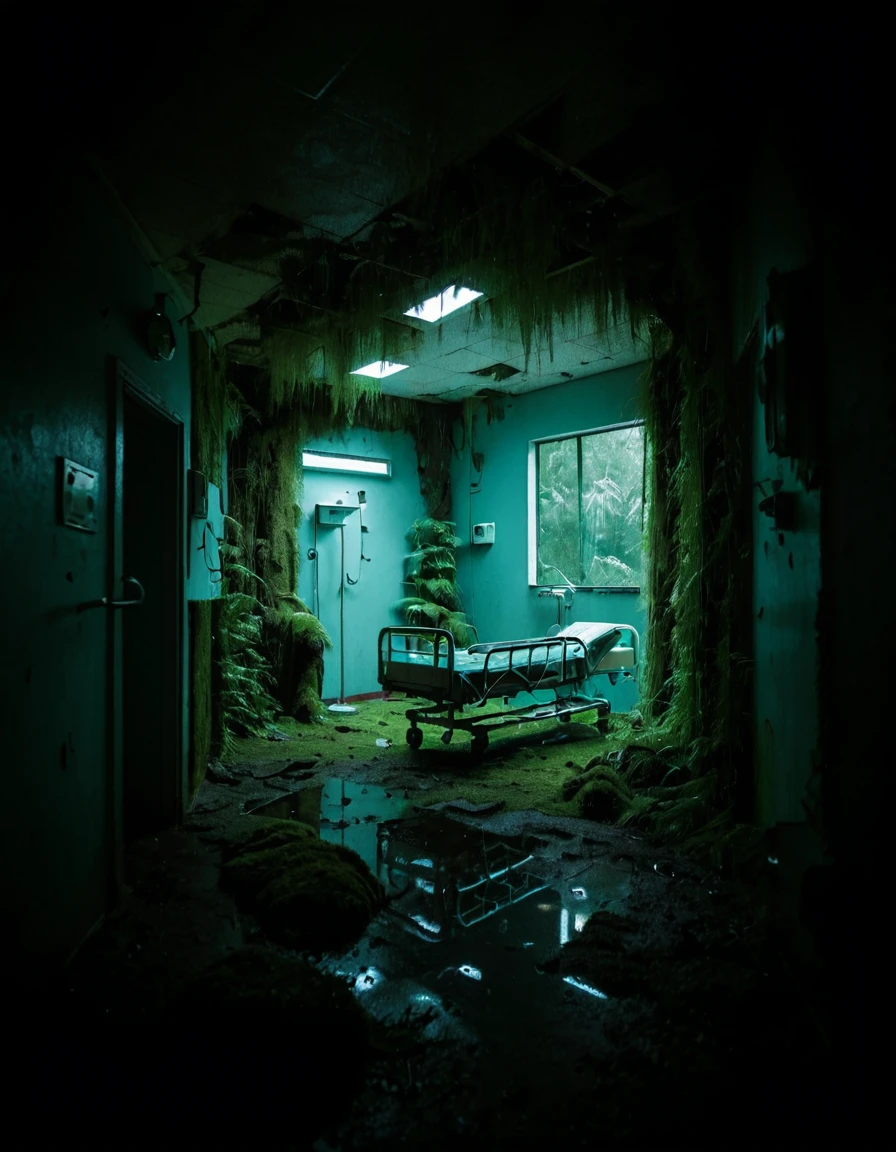 <lora:City_Worlds_02__Lost_-_City_1:1> cw02lost. abandonned hospital, vegetation, moss, wet, large hall, from side