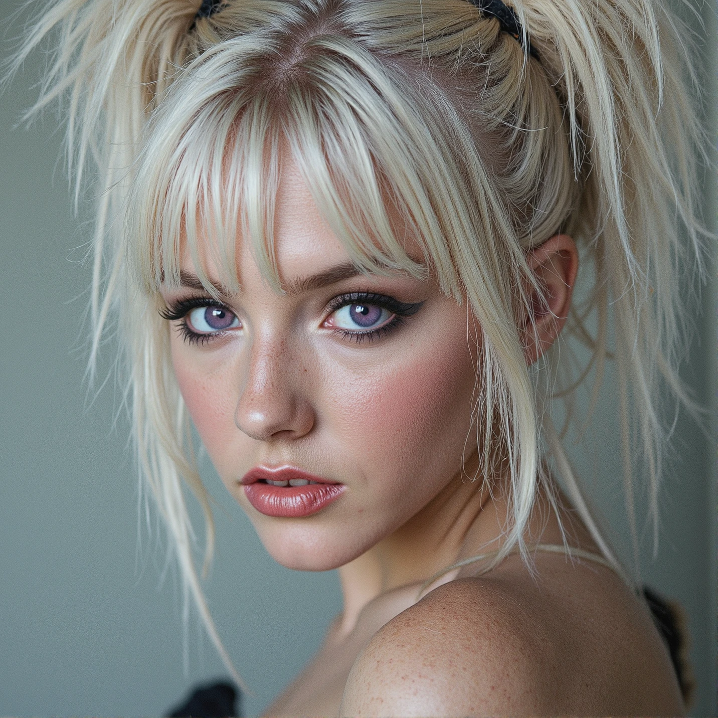 Breathtaking over the shoulder shot photography of ohwx looking at viewer, sensual lips, eyelashes, fine hair detail, perfect big sexy and detailed purple eyes, gothic eyes makeup, white fluffy tied hair style with bangs from the 90s, (big fluffy buns hairstyle:1.5), (perfectly sharp:1.2), realistic textures, (deep focus, focus on background:1.2), 8k uhd, dslr, ultra high quality image, film grain, Fujifilm XT3