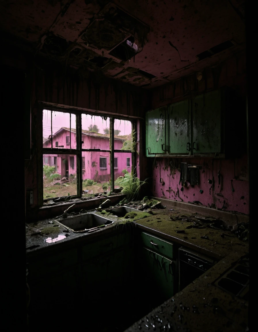 <lora:City_Worlds_02__Lost_-_Home:1> cw02lost. abandoned house, abandoned kitchen, from side, wet, vegetation, windows