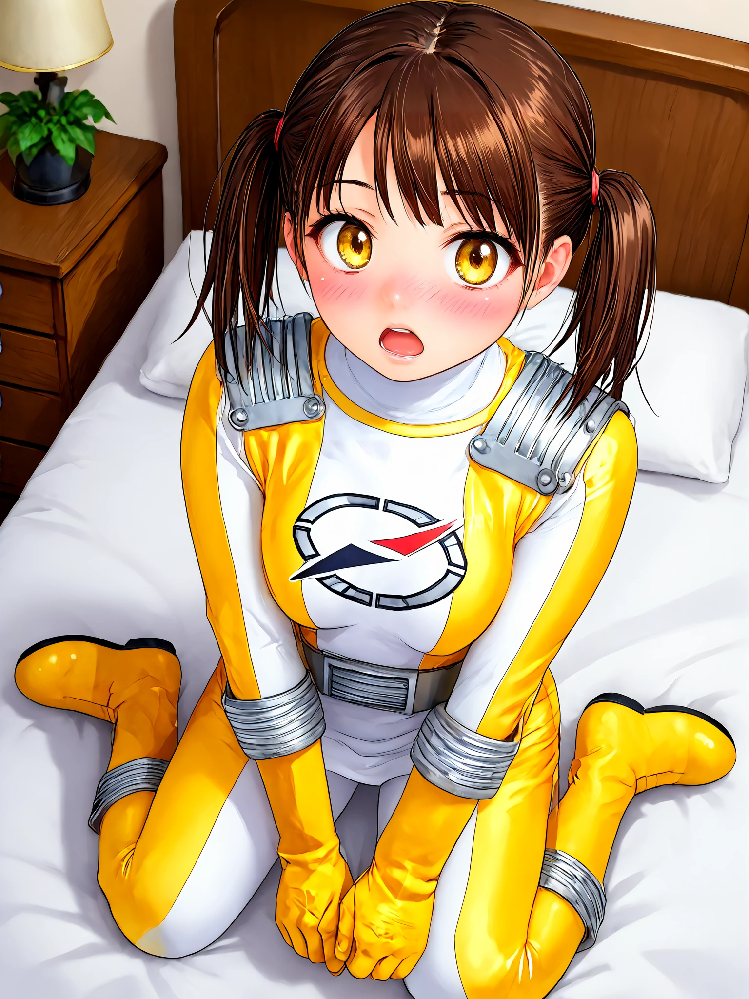 score_9, score_8_up, score_7_up, source_anime, BREAK,
1girl, solo, BREAK,
b0uk3ng3r, yellow bodysuit, yellow gloves, yellow skirt, miniskirt, shoulder pads, silver belt, yellow footwear, knee boots, no headwear, shiny clothes, spandex, <lora:Boukenger:1>, BREAK,
brown hair, choppy bangs, short hair, twintails, yellow eyes, medium breasts, BREAK,
kneeling, embarrassed, full-face blush, shocked, surprised, constricted pupils, open mouth, (looking up:1.5), looking at viewer, hands on own thighs, clenched hands, BREAK,
(from above:1.5), indoors, hotel room, on bed