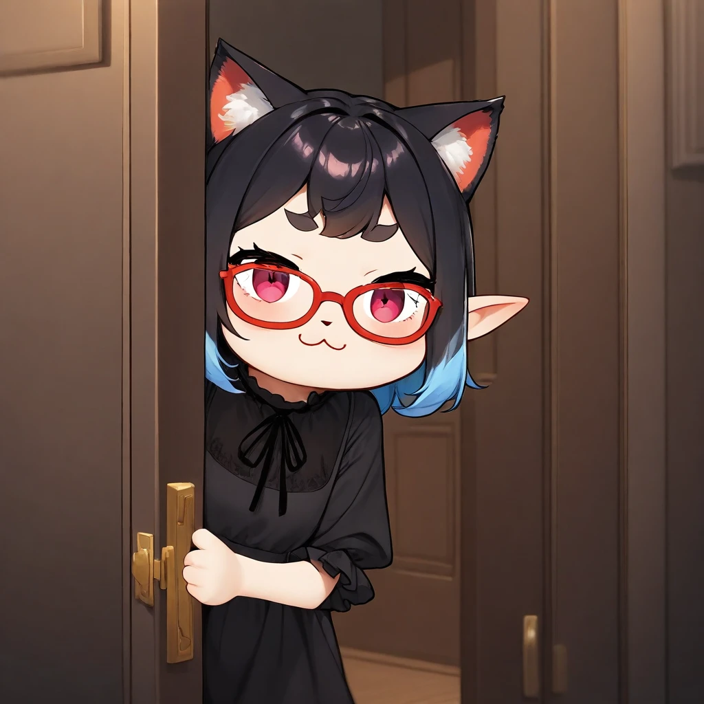 black shirt, multicolored hair, door, elf, red-framed eyewear, cat ears, :3, black dress,