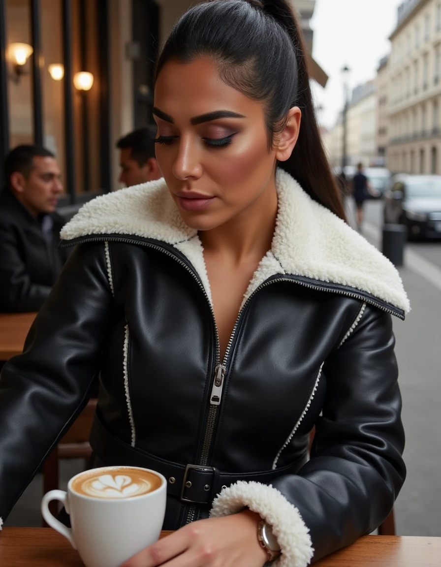 A stunning woman black leather jacket, shearling collar,. She sits in a romantic street cafe in paris, having a cup of coffee.