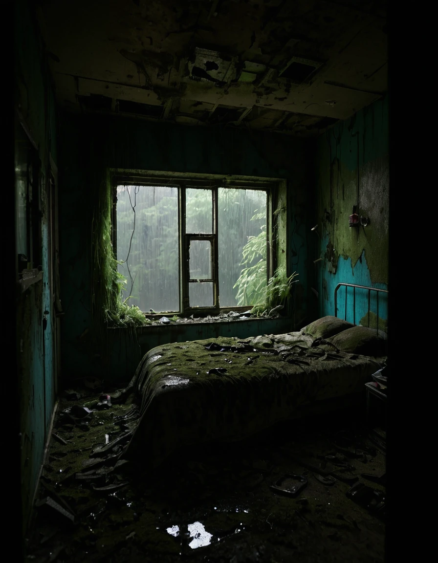 <lora:City_Worlds_02__Lost_-_Home:1> cw02lost. abandoned appartment, abandoned bedroom, from side, wet, vegetation, windows