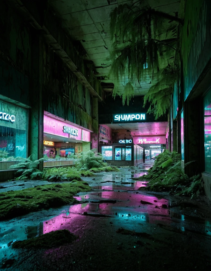 <lora:City_Worlds_02__Lost_-_City_1:1> cw02lost. abandonned mall, wet, from side, vegetation, window