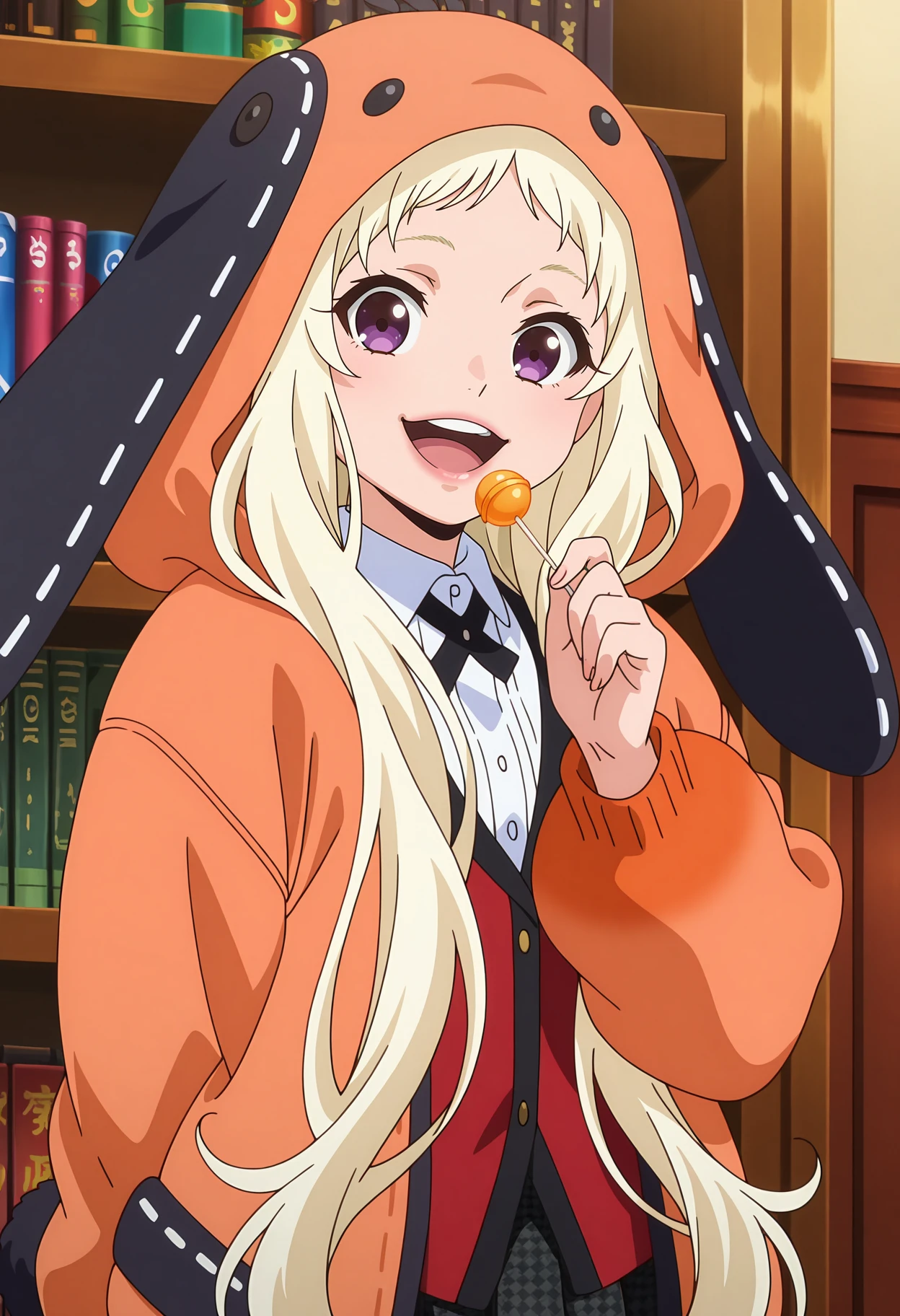 masterpiece, best quality, 1 girl, solo, yomozuki runa, blonde hair, purple eyes, long hair, kigurumi, school uniform, black animal ears, LIM, lollipop,