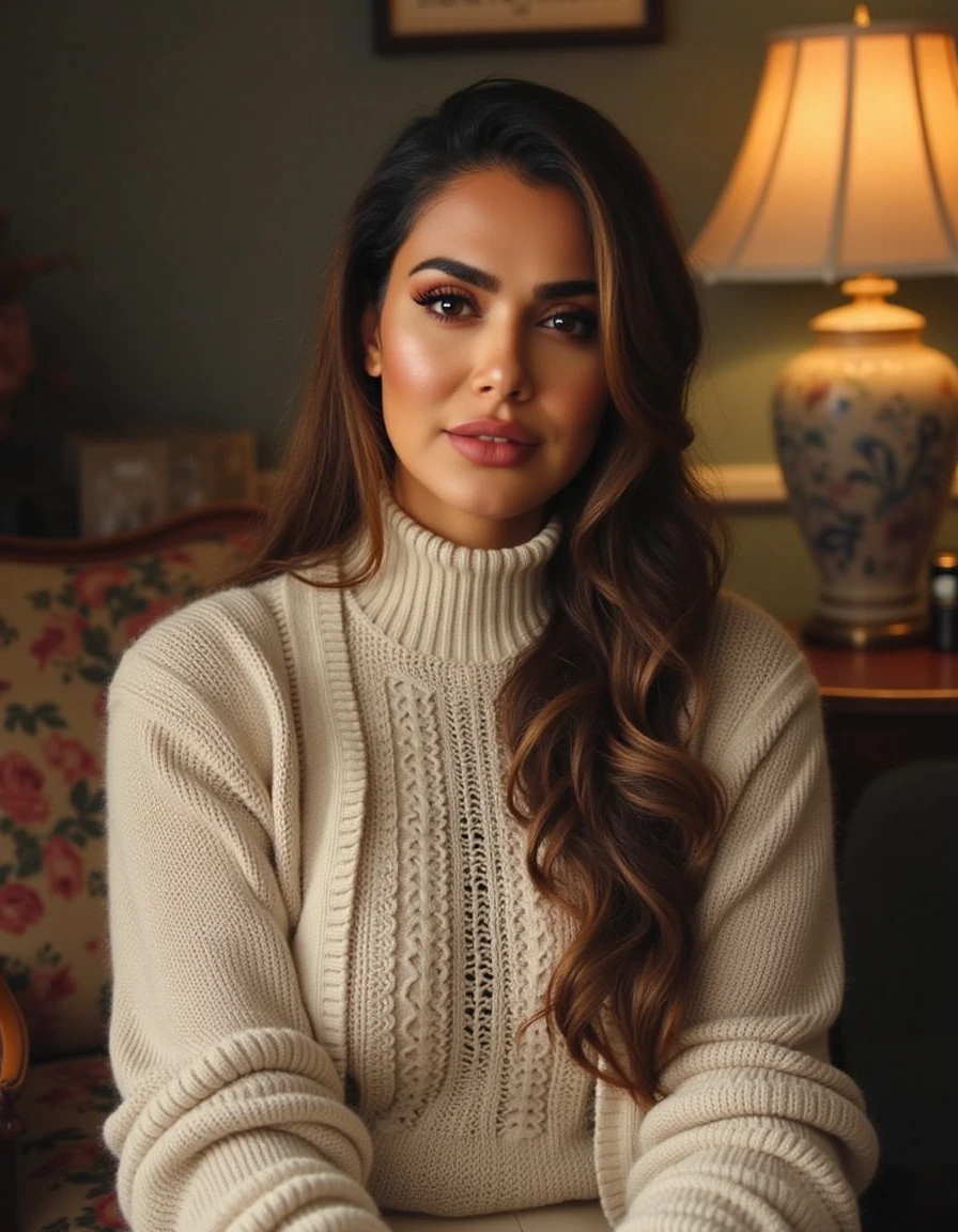 A woman sits in a cozy, vintage-inspired parlor, wearing a warm, cream-colored cardigan with a high neckline and intricate, hand-knit details. Her long, straight hair falls down her back, and she looks up at the camera with a sense of nostalgia. Camera angle: low and slightly above eye level, looking up at the subject. Double exposure: overlay of a faint, antique texture.