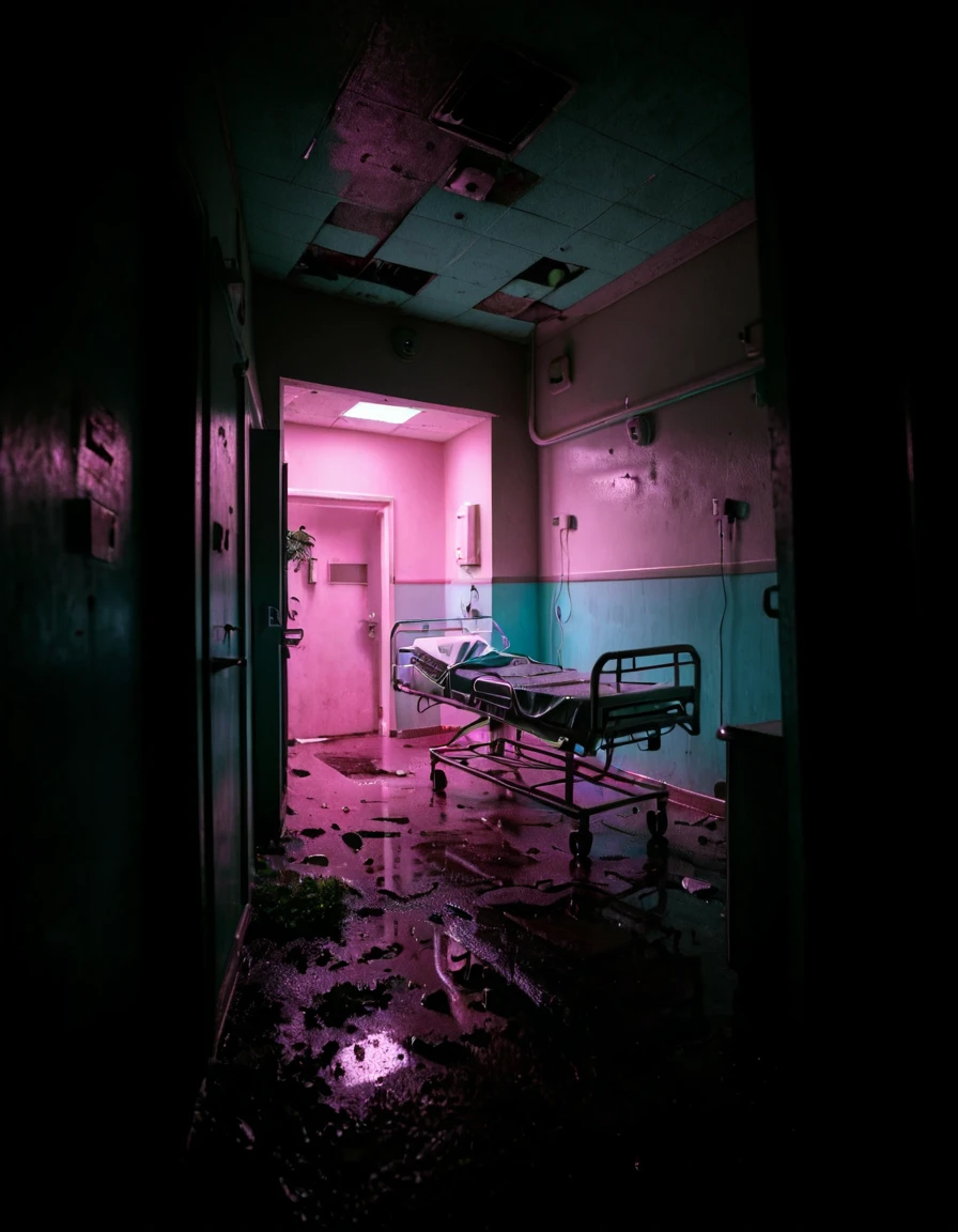 <lora:City_Worlds_02__Lost_-_City_1:1> cw02lost. abandonned hospital, wet, hall, from side,