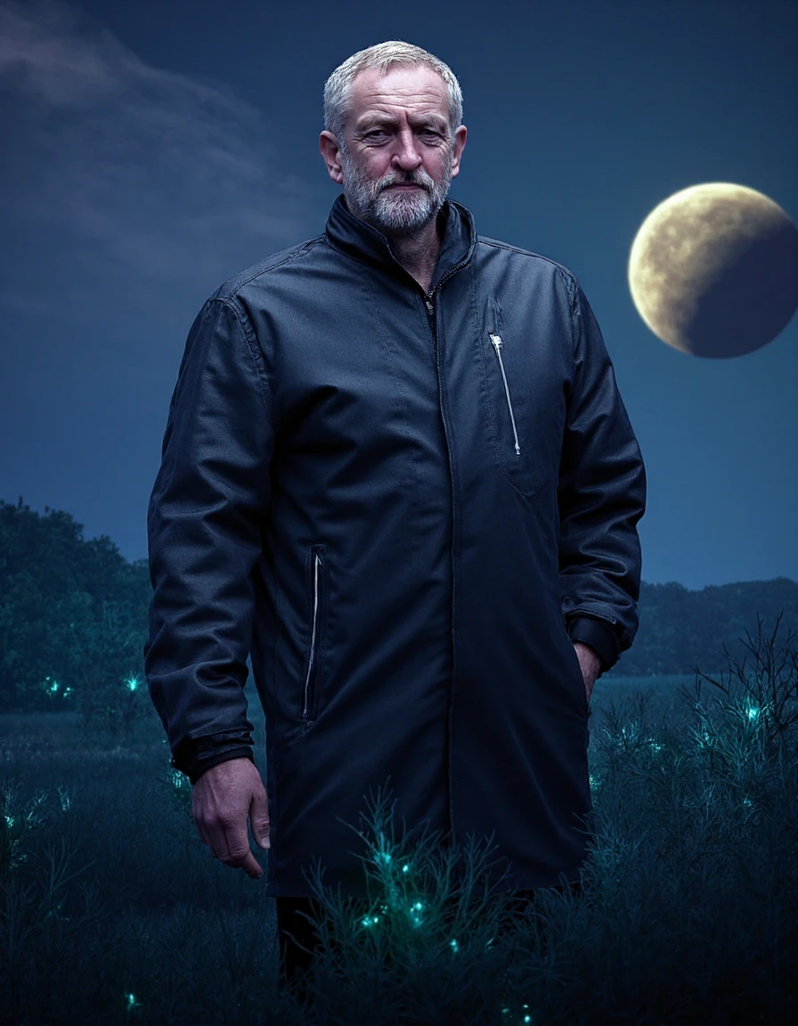 j3r3myc0r8yn a man standing on a distant alien planet, wearing a futuristic space explorer suit. The environment is filled with glowing bioluminescent plants and a massive ringed planet visible in the sky. <lora:Jeremy-Corbyn_F1D_v01e10:1.0>âââ