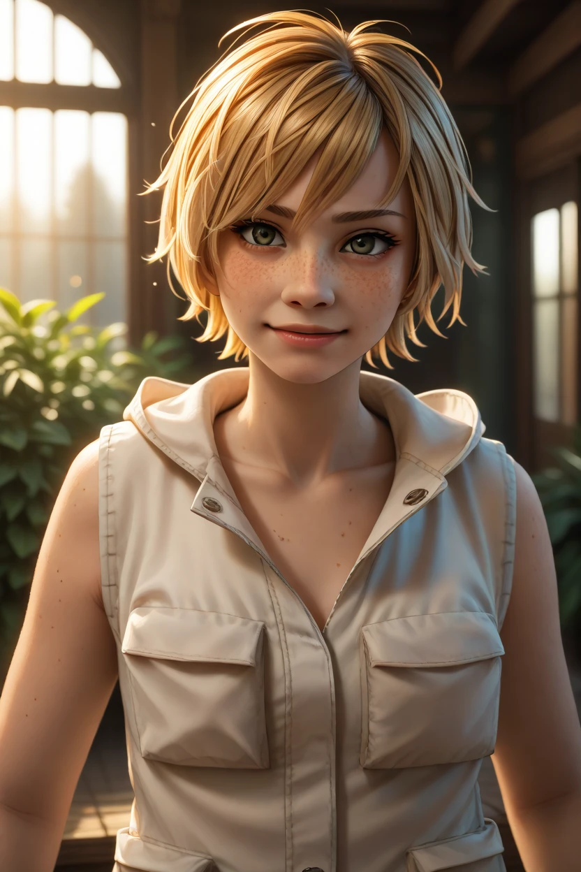 1girl, depth of field, highly detailed, high contrast , god rays, volumetric lighting,solo, <lora:Heather_mason_lora:0.8> heather_mason, blonde hair, short hair, freckles,vest, smirk, <lora:fluffkevlar_style_ponyXL_v1:1>, PonyXLV6_Scores, zPDXL3, <lora:Hyper-SDXL-8steps-lora:1>