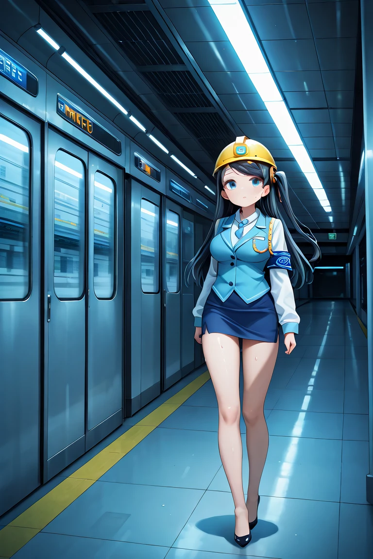<lora:KRTGirlsXiaoQiong:1>, 1girl, solo, full shot, long hair, black hair, one side up, blue eyes, medium breasts, swept bangs, long sleeves, pencil skirt, armband, blue vest, uniform, blue skirt, hair ornament, white shirt, collared shirt, miniskirt, high heels, bare legs, necktie, thighs, underground, metro station, underground station, modern east asia style metro station, yellow hard hat, working scene, lot of sweat, fluorescent lamp light, metro train