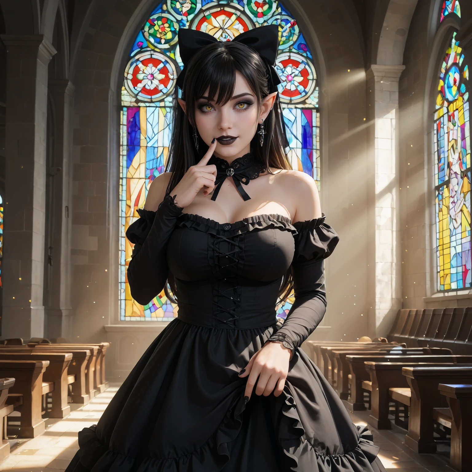 masterpiece, best quality, 1girl, solo, black hair, big breasts, pointy ears, very long hair, hair between eyes, gothic, goth fashion, black dress, frills, lipstick, eyeshadow, makeup, detached sleeves, bare shoulders, hair bow, jewelry, earrings, indoors, church, sunlight, light rays, (light particles), skirt lift, yellow eyes, layered dress, black nails, (black lips:1.2), thighhighs, stained glass, window, lifted by self, petticoat, backlighting, looking at viewer, index finger raised, finger to mouth, shushing, hand up, seductive smile, parted lips