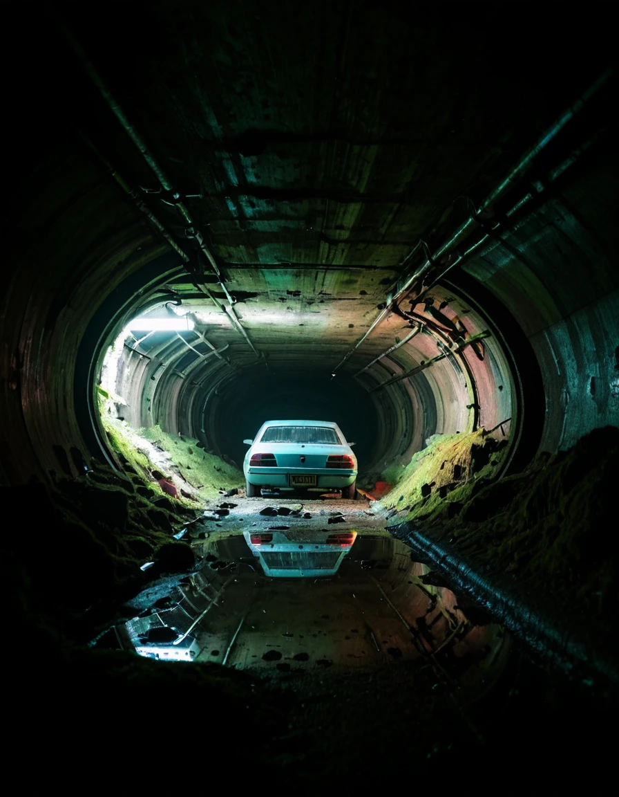 <lora:City_Worlds_02__Lost_-_City_3:1> cw02lost. abandonned car tunnel, abandonned cars, from side,