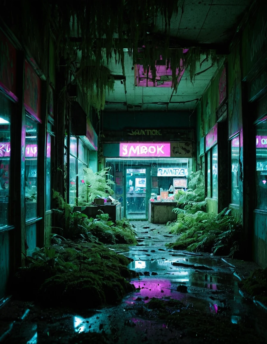 <lora:City_Worlds_02__Lost_-_City_1:1> cw02lost. abandonned mall, wet, vegetation, window, inside store,