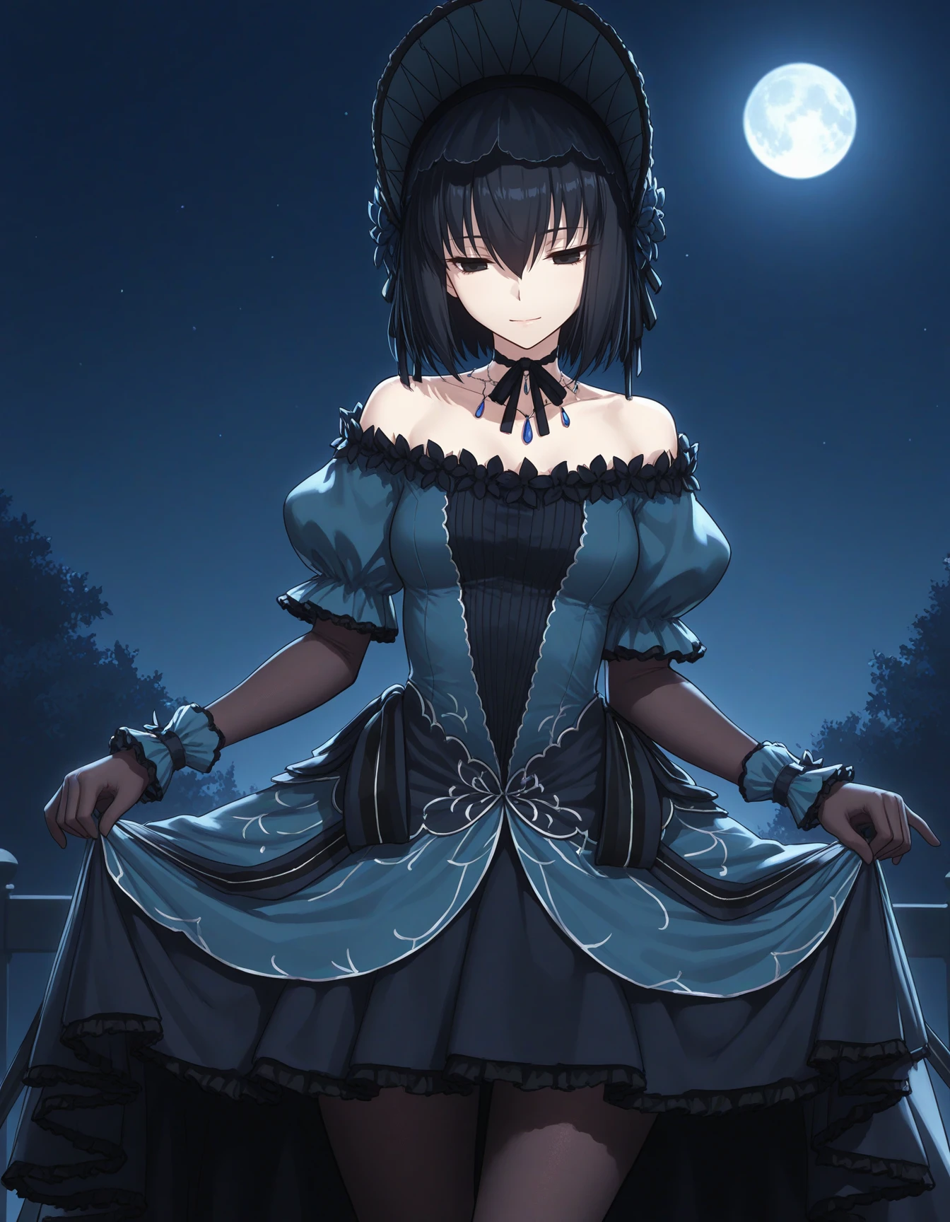 1girl, solo, kuonji alice, black hair, short hair, hair between eyes, black eyes, light smile, narrowed eyes, closed mouth, Alice_Asc3, bonnet with flower, off-shoulder dress, blue dress, elbow gloves, short sleeves, gothic clothing, black ribbons, wrist cuffs, black pantyhose, curtsey, hands on skirt, cowboy shot, outdoors, night, moon, dark theme, low light <lora:kuonji_alice_ilxl_v2:0.8>