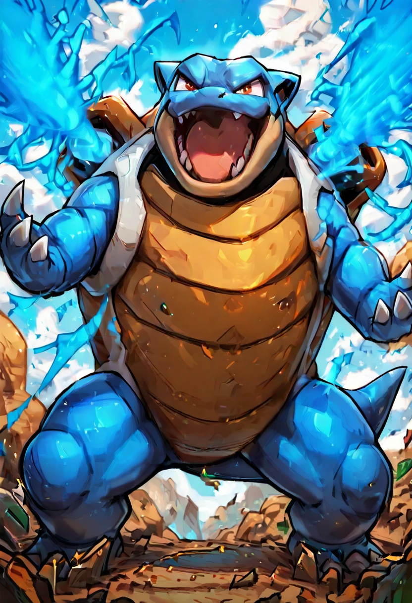 masterpiece, best quality, no humans, ,<lora:BlastoisePokedexIXL:1.0>, zzBlastoise, open mouth, brown eyes, standing, outdoors, sky, day, tongue, cloud, fangs, claws, rock, electricity, energy, <lora:EnergyCAT_IXL_v3:1.0>,