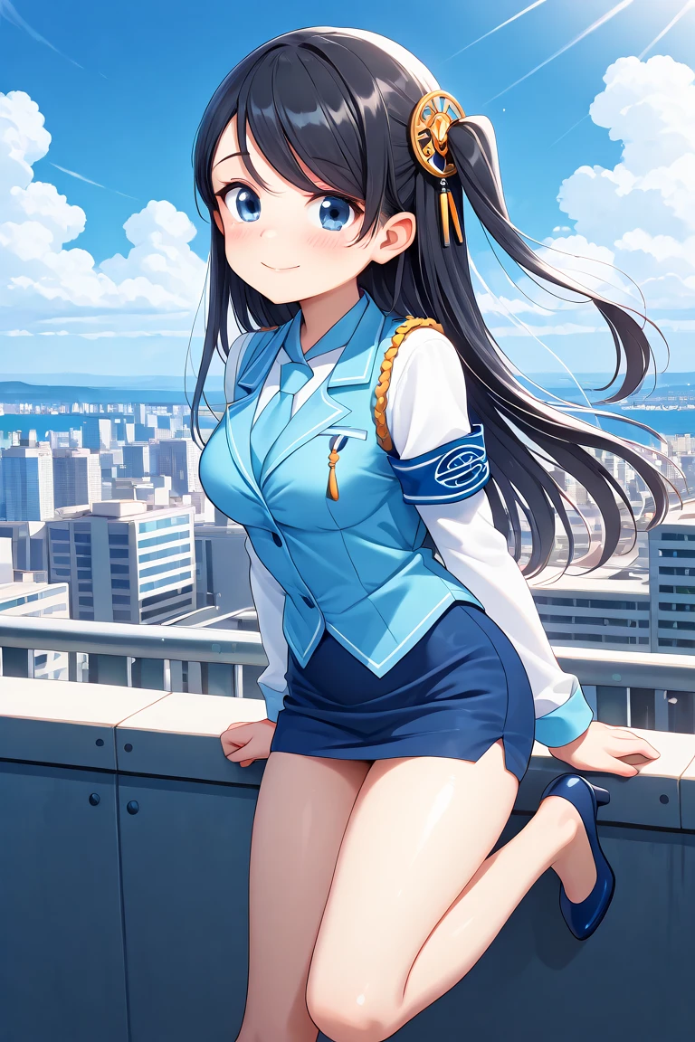 <lora:KRTGirlsXiaoQiong:1>, 1girl, solo, full shot, long hair, black hair, one side up, blue eyes, medium breasts, swept bangs, long sleeves, pencil skirt, armband, blue vest, uniform, blue skirt, hair ornament, white shirt, collared shirt, miniskirt, high heels, bare legs, necktie, thighs, in front of harbor, modern east asia city, sky, outside, cloud, modern east asia style cityscape, blush, embarrassed, looking at viewer, smile, seduce, â¡, beautiful sunlight effect, happy, date