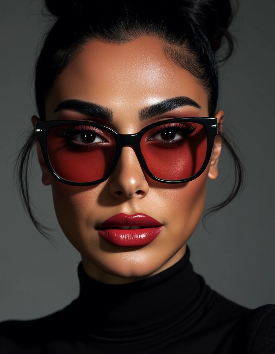 A striking portrait of a fierce woman with piercing eyes and bold, direct eye contact. She wears natural-looking brick-red lipstick and large, avant-garde glasses. The composition embodies a high-fashion editorial aesthetic, blending ethereal beauty with dramatic shadows and luxurious fashion details. The zoomed-out perspective places the subject in 30% of the frame, leaving ample negative space around her head for a modern, minimalist feel. The subtle 3D effect enhances the visual depth, creating a captivating and dynamic image.