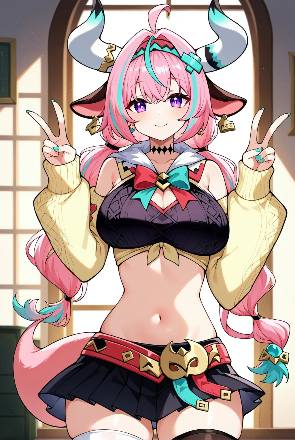 varesa, 1girl, solo, long hair, breasts, looking at viewer, smile, large breasts, skirt, thighhighs, navel, animal ears, cleavage, bare shoulders, standing, purple eyes, tail, pink hair, multicolored hair, thighs, cowboy shot, earrings, pleated skirt, small breasts, horns, choker, indoors, black skirt, miniskirt, hairband, two-tone hair, two side tails, black choker, peace skin <lora:varesa-genshin-v1.1-ponyxl:0.9>