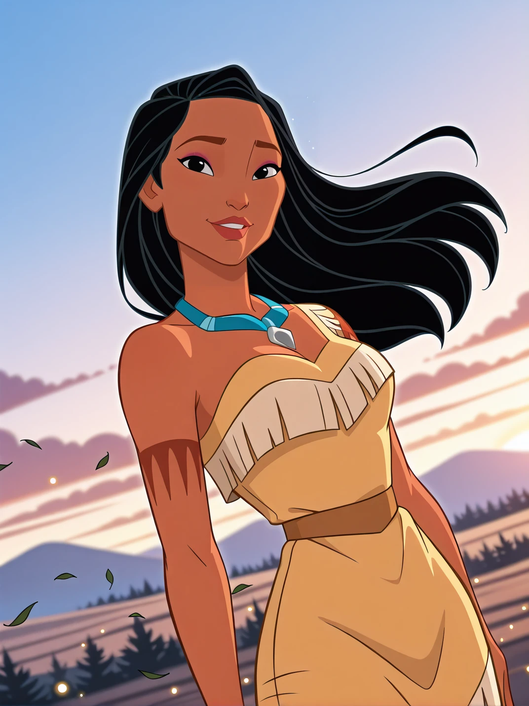 (official style:1.1), screencap, blurry background
1girl, medium breasts, (PocahontasXL:1.1), long hair, black hair, black eyes, makeup, dark skin, yellow dress, bare shoulders, arm tattoo, necklace, jewelry,,makeup, parted lips,
light smile, dutch angle, naughty pose, happy, looking at viewer, blue sky, clouds, daylight, (portrait:1.1), dynamic pose, cowboy shot, hands at side, one hand on hair, head tilt, light particles, floating hair, wind, leafs, sunset, magic,
<lora:Pocahontas-IL-000017:1>