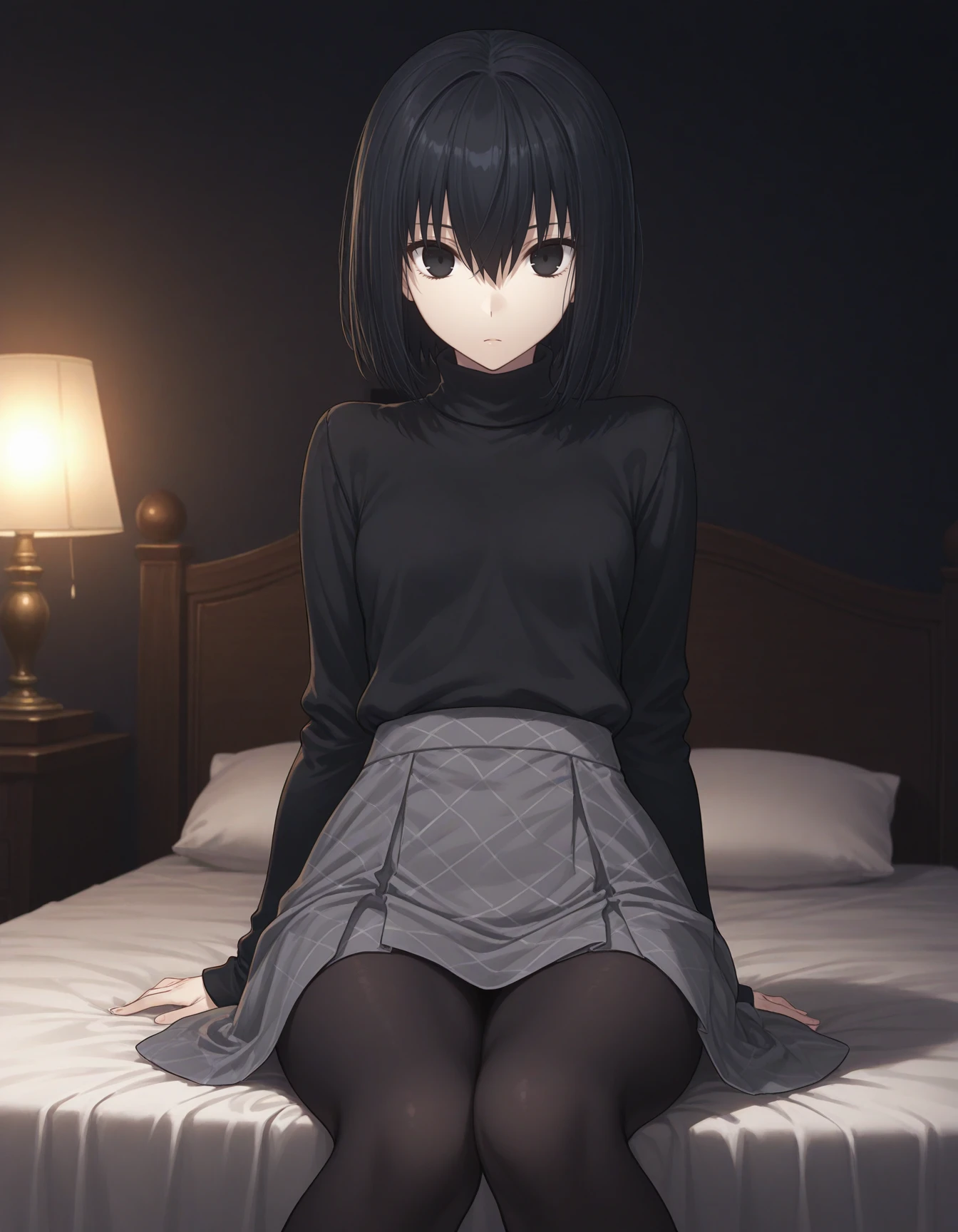 1girl, solo, kuonji alice, black hair, short hair, hair between eyes, black eyes, Alice_Casual, black sweater, turtleneck, grey skirt, black pantyhose, sitting on bedside, legs together, looking at viewer, indoors, lamp, (gothic architecture:0.3), dark theme, low light <lora:kuonji_alice_ilxl_v2:0.8>