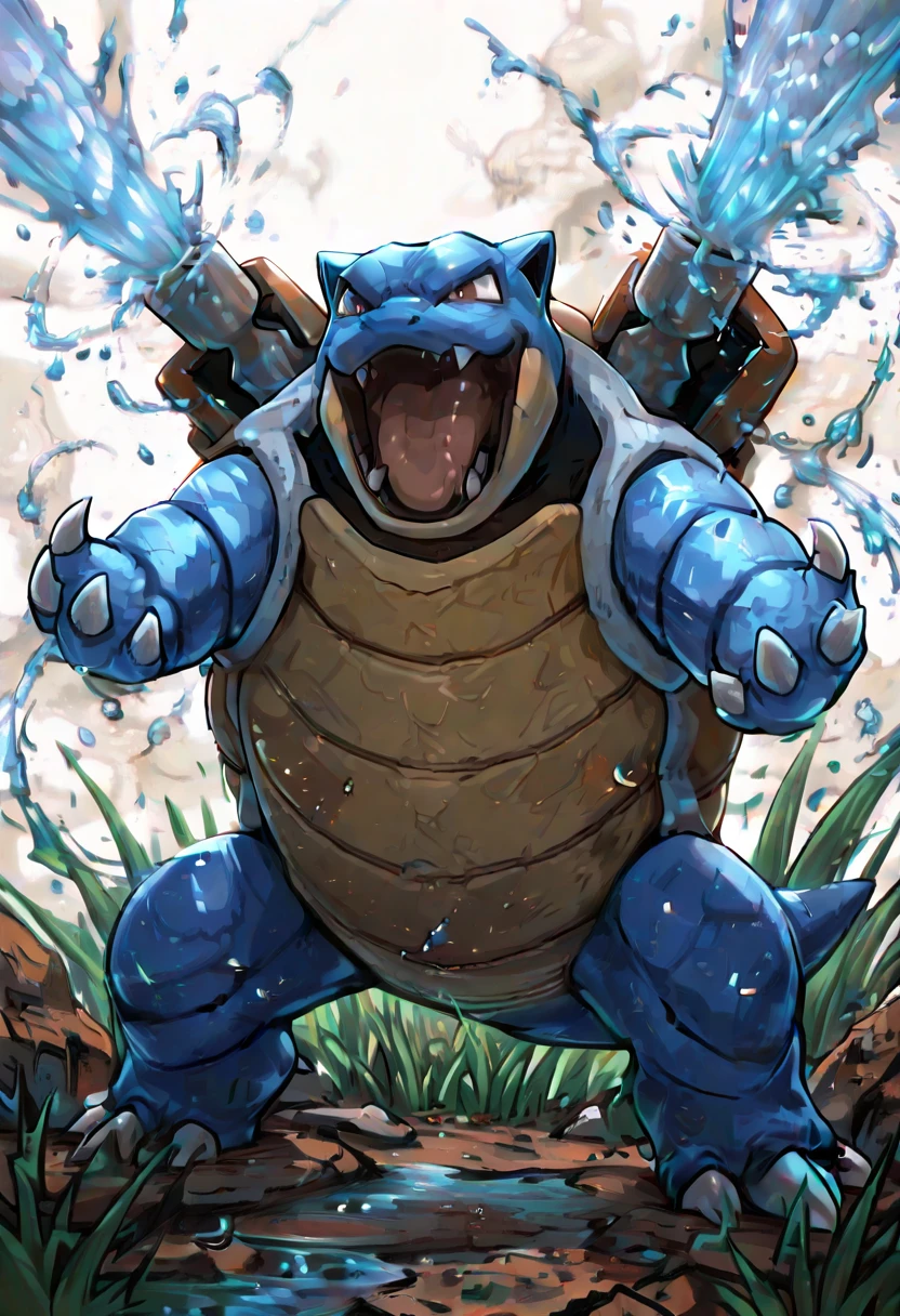 masterpiece, best quality, no humans, ,<lora:BlastoisePokedexIXL:1.0>, zzBlastoise, open mouth, brown eyes, standing, full body, tongue, water, fangs, grass, claws, rock, shell, <lora:EnergyCAT_IXL_v3:0.7>,