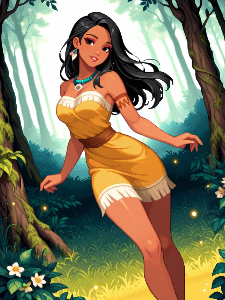 highres, hi res, best quality, masterpiece, cute,
1girl, medium breasts, (PocahontasXL:1.1), long hair, black hair, black eyes, makeup, dark skin, yellow dress, bare shoulders, arm tattoo, necklace, jewelry,,makeup, parted lips, bare legs, short dress,
light smile, dutch angle, sexy pose, happy, looking at viewer, forest, flowers, vegetation, trees, leafs, sunlight, sky, daylight, outdoors, dynamic pose, cowboy shot, head tilt, light particles,
<lora:Pocahontas-IL-000017:0.8> <lora:dnfstyle-IL:0.85> ,dnfstyle,pixel art,full body,,